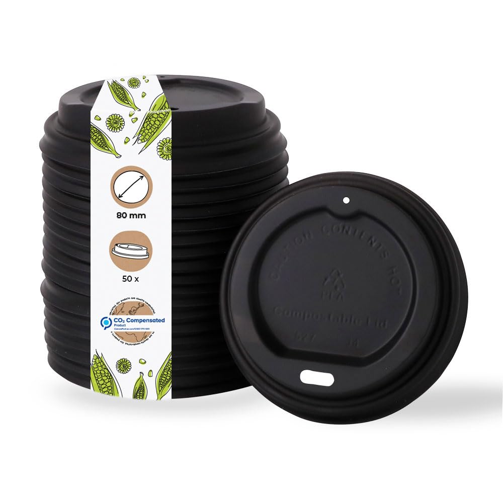 BIOZOYG Coffee To Go Lid for Drinking Cups Ø 80mm I 50 Paper Cup Lids made of CPLA Bioplastic 100% biodegradable, compostable, recyclable I Drinking Cup Lid with Hole black