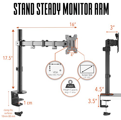Stand Steady Monitor Arm | Height Adjustable with Full Articulation | VESA Mount Fits Most LCD / LED Monitors 13 - 32 Inches | Includes Clamp and Grommet (1 Monitor) - Thumbnail 5
