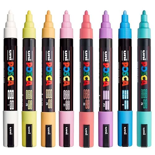 posca Markers Set, 8 Medium Paint Markers 5M – Soft Tones – White, Sunshine Yellow, Apricot, Light Pink, Coral Pink, Lavender, Light Blue, Aqua Green