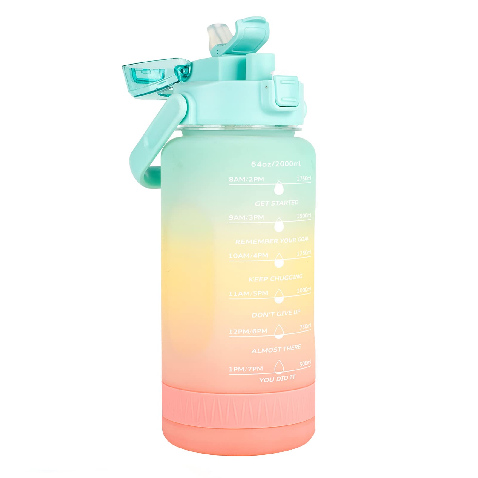 UeKeKicg 2 Litre Water Bottle,64ozHalf Gallon Water Bottle with Time Marker/Straw/Chug One Lids, Leakproof Tritan BPA Free Reusable Water Jug Easy Carry for Adult and Kids Gym Sports Outdoors