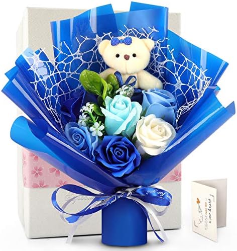 YOBANSA 笑顔になる ソープフラワー 七彩の花 造花 枯れない花 ギフト バラ花束 クリスマス バレタインダー花 誕生日女性 プレゼント 結婚記念日・発表会・入学・出産・開業・転職・昇進・退職祝い 花束 カード付き (青い（６輪バラ）)