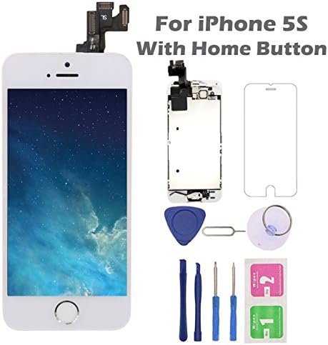 For iPhone 5S Screen Replacement with Home Button, Arotech 4.0 Inch Full Assembly LCD Display Digitizer Touch Screen with Repair Tool Kit and Tempered Glass (iPhone 5S White)