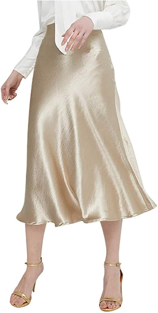 Shenye Women's Autumn Satin Midi Skirts Ladies Elegant High Waist Solid