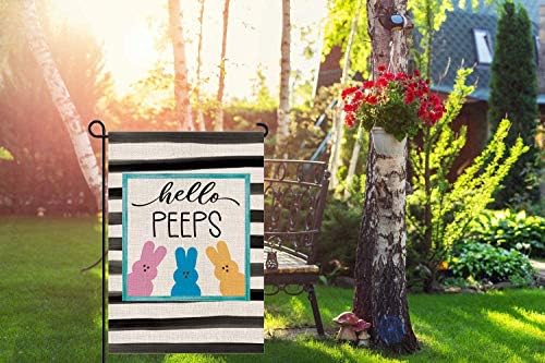 Double sided burlap backyard flag with decorative design.