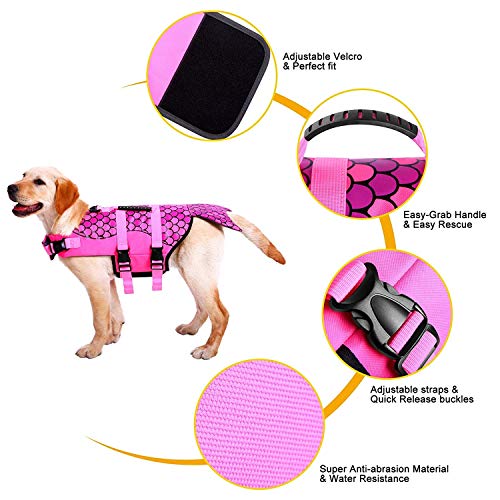 Queenmore Ripstop Medium Dog Life Jacket Fish Style Floatation Vest with Adjustable Soft Rubber Handle Pink Fish,M