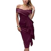CurvySweet Women's Off The Shoulder Formal Evening Midi Dress Built-in Bra Bodycon Ruched Slit Elegant Holiday Cocktail Party