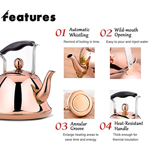 Rose gold Whistling Tea Kettle Stainless Steel Copper Stovetop Teakettle Sturdy Teapot for Tea Coffee Fast Boiling with Infuser Color Copper Mirror Finish 2 Liter / 2.1 Quart (Copper) - Thumbnail 5