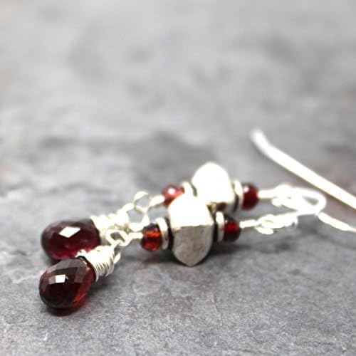 Dangle Garnet Earrings Sterling Silver Red Gemstones with Bali Beads, 1.5 Inch