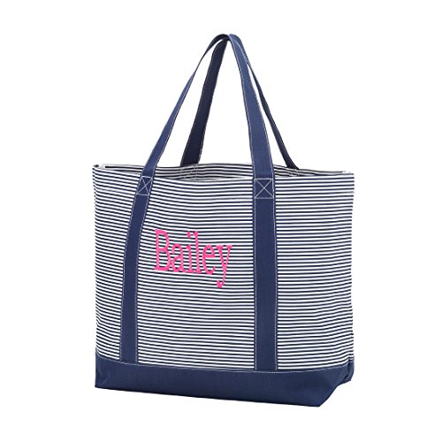 Custom Personalized Fashion Heavy Duty Canvas Tote Bag (Personalized, Navy Pin Stripe)