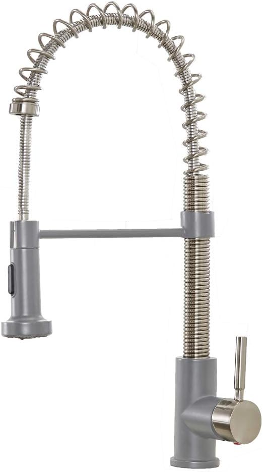 VESLA HOME Commercial Single Handle Pull Down Out Sprayer Spring Stainless Steel Kitchen Faucet, Gray and Brushed Nickek Kitchen Sink Faucet