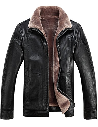 Tanming Men's Winter Warm Leather Coat Real Fur Hooded Leather Jacket (Medium, 1813Black)