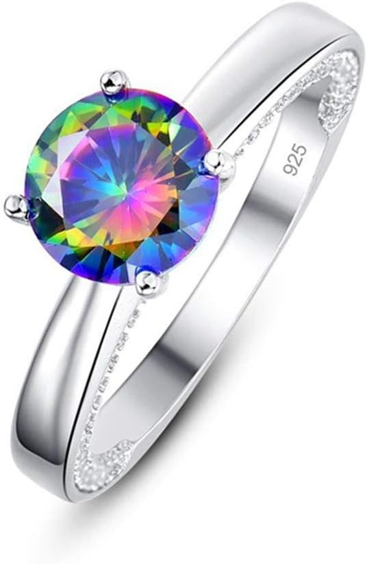 Cocktail Wedding Rings 925 Fashion Jewelry Round Multicolor White Zircon Silver Ring Size 6 7 8 9 Vintage,8,589 Rainbow Topaz