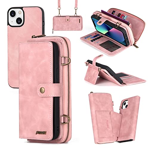 QIXIU for iPhone 14 Wallet Case[13 Card Slots]:Multi-Function,Detachable 3 in 1,Flip Strap Zipper Card Holder Phone Case with Shoulder Straps(Pink)