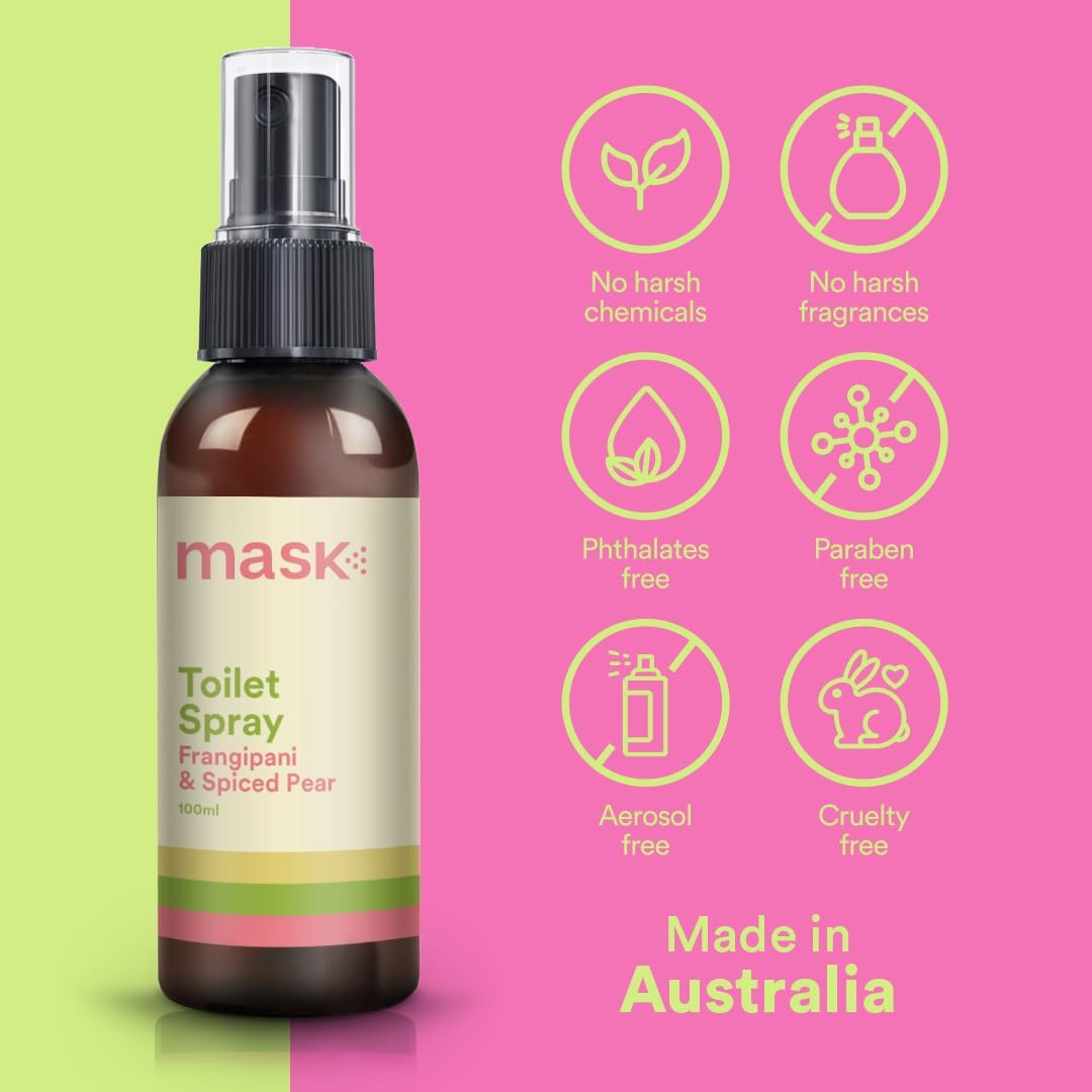 Mask Toilet Spray - Travel Size Bathroom Spray, Pack of 3, Odor Neutralizer Spray, Poop Spray Odor Eliminator, Bathroom Air Freshener, Bathroom Deodorizer - Frangipani & Spiced Pear Scent, 10.2 Fl Oz