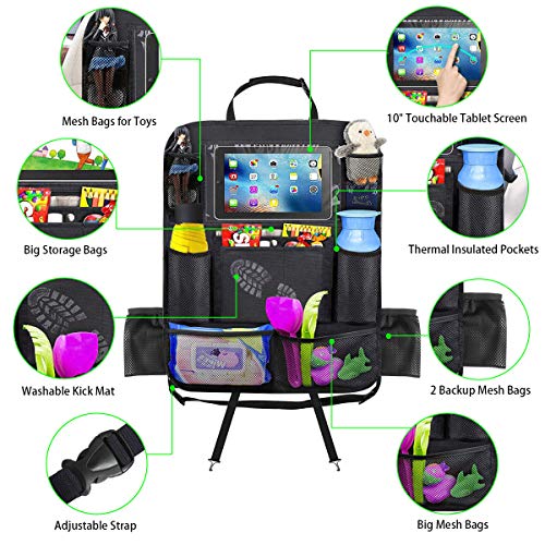 Car Backseat Organizer with 10’’ Touch Screen Tablet Holder Car Seat Back Protector 11 Storage Pockets Kick Mats Travel Accessories for Kids Toy Thermal Insulated Pockets Strong Buckle 2 Pack