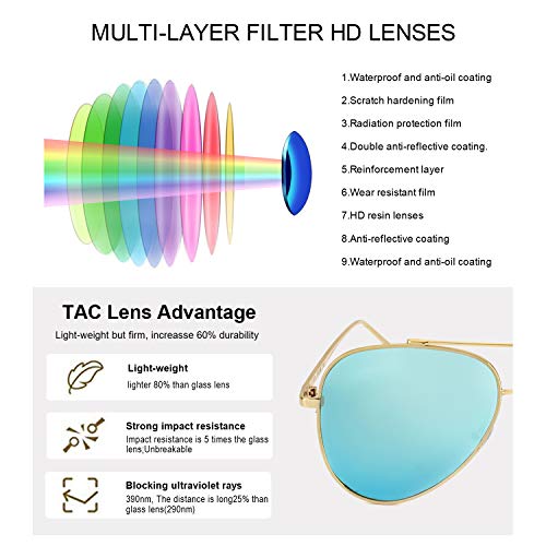 SODQW Aviator Sunglasses Womens Polarized Mirrored Flat Lens Fashion Large Metal Frame - UV 400 Protection (gold/ice blue Lens(mirror))