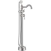 Free Standing Tub Faucet, Qinkell Classic Elegant Gooseneck Freestanding Bathtub Faucet with Sprayer Brass Luxury Floor Mount Bath Faucets High Flow Roman Tub Filler, Brushed Nickel (QC-202511BN)