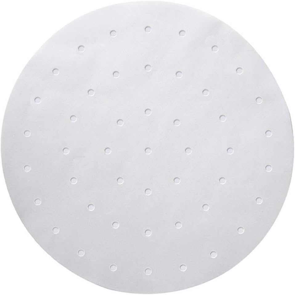 XIYAO 100pcs Air Fryer Liners, Round Bamboo Steamer Liners, Non-Stick Perforated Parchment Paper Sheets for Baking Cooking Steaming