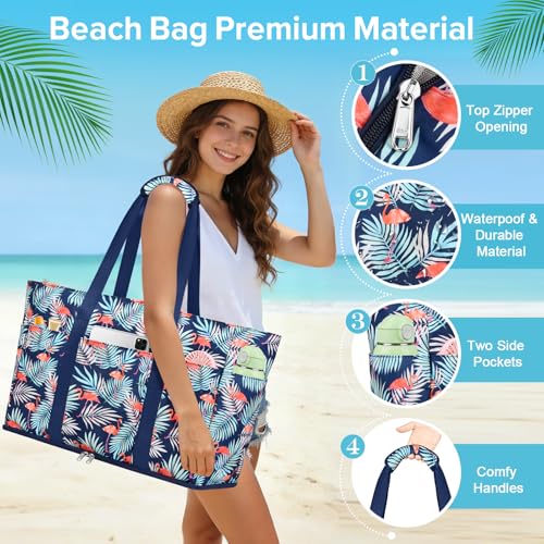 LUROON Large Women's Shoulder Bag, Corduroy Tote Bag with Zipper and Various Pockets University Bag Work Bag for Work Beach Travel School, Navy Blue Flamingos