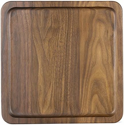Rustic Walnut Wooden Tray Solid Wood Serving Tray Square Rectangle Platter Tea Tray Coffee Table Tray (Large Square with Grooves（11x11x1inch）)