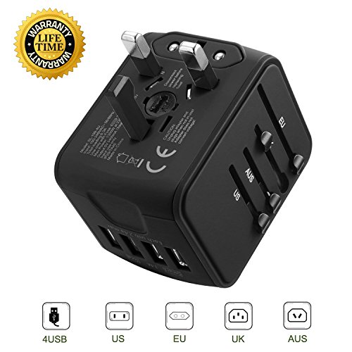 Travel Adapter, Worldwide All in 1 Universal Adapter Wall AC Power Plug 2.4A 4 Ports USB Charger Wall Charger for US UK EU Australia Germany Spain France Japan European Plug Adapter Built-in Dual Fuse
