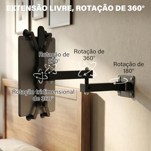 Suporte de Parede para Tablet, Braço Articulado de Alumínio com 2 Estágios, Dobrável e Rotação 360°, Ajustável Universal para iPad, Nintendo Switch e e-Readers
