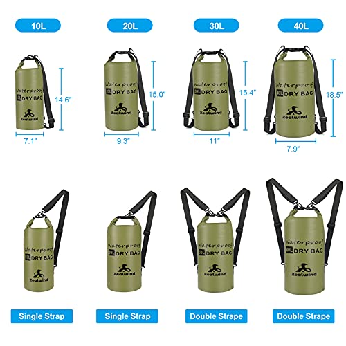 Zealwind Waterproof Dry Bag Backpack Floating Dry Sack with Phone Case, 10L/20L/30L/40L Water Proof Bag Packs, Roll Top Drybag for Kayaking, Paddleboarding, Rafting, Swimming, Boating (Army Green, 10L