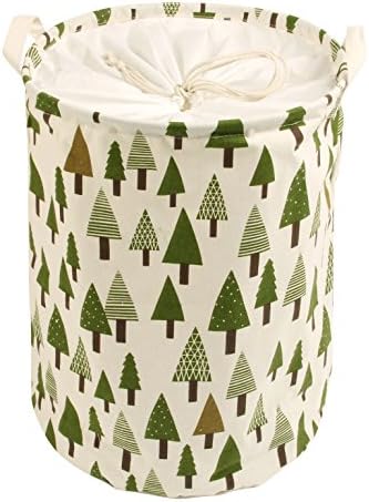 HIYAGO 17.7" x 13.7"Laundry Basket,Round Cotton Linen Storage Bin with Drawstring Cover for Bathroom/Closet/Toys Storage(Tree)