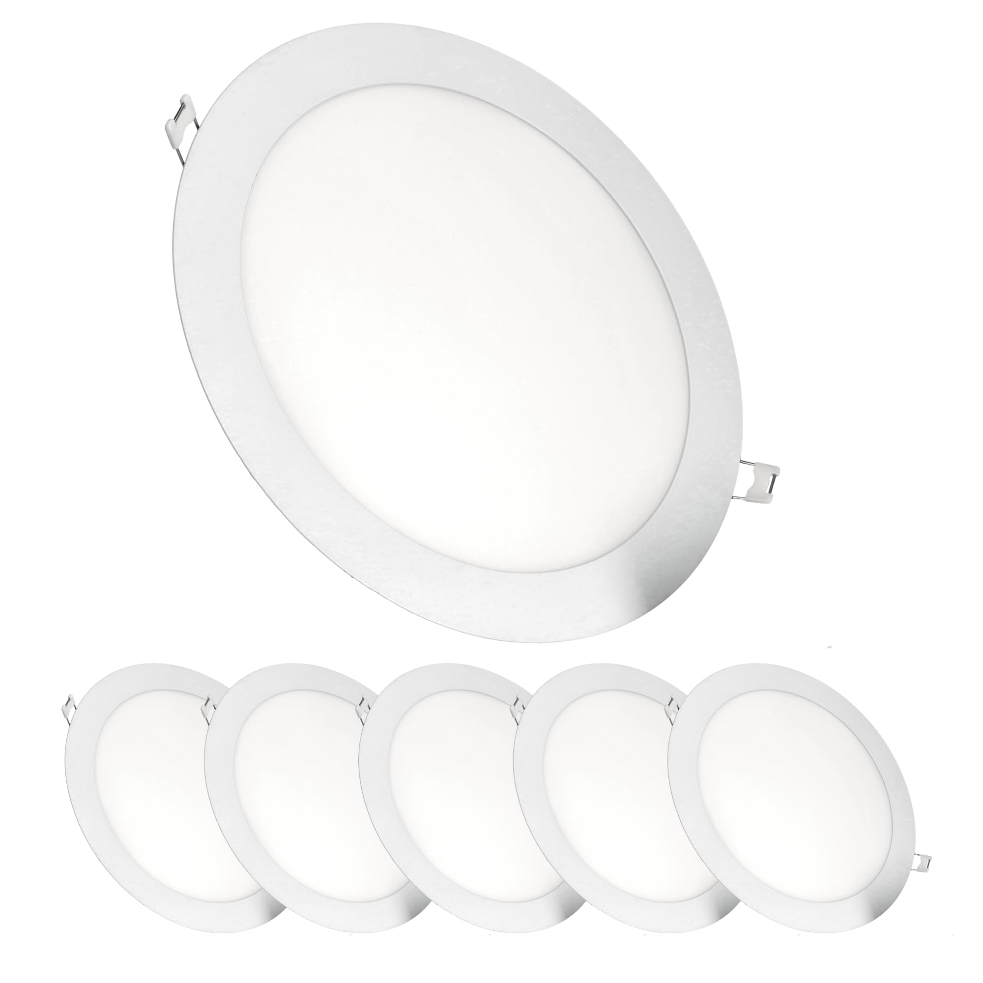 JANDEI – Pack of 6 Round Recessed LED Downlights, 18W, 1500 Lumens, Extra-Flat 13 mm, Mounting Hole Ø200-205 mm, Warm White 3000K with Transformers Included