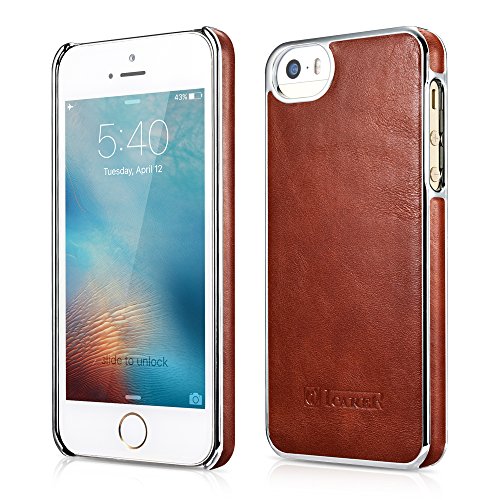 iPhone SE Leather Case, Icarercase Genuine Vintage Leather Back Cover Snap-on Case with Plastic Inner Shell and Silver-plated Rims Ultra Slim Design for Apple iPhone SE/5/5S (Brown)