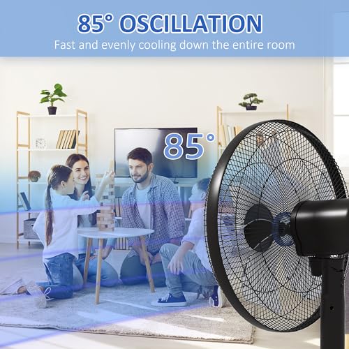 HOMCOM 16" Pedestal Fan with Remote, LED Control Panel, Tilted Head, Black | Standing Floor Fan with Height Adjustable, Timer, Oscillating, Bedroom