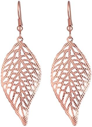 Rose Gold Alloy Filigree Leaf Drop Earrings for Women girls