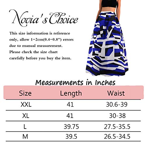 Novia's Choice Women African Floral Print Pleated High Waist Maxi Casual A-Line Skirt(Navy Blue Stripe L)