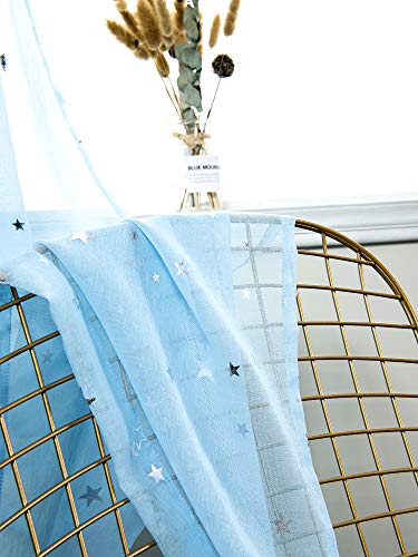 AmHoo Sheer Curtain Foil Print Sliver Star Pattern Semi Voile Sheer Curtain Panel Grommet Top Panels Set of 2 for Living Bedroom Window Treatment (Blue, 52 x 63 Inch)