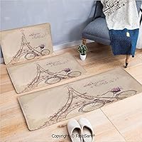 FashSam 3 Piece Flannel Bath Carpet Non Slip Bonjour Paris Eiffel Tower and Vintage Bicycle with Flowers Retro Soft Color Print Front Door Mats Rugs for Home(W15.7xL23.6 by W19.6xL31.5 by W17.7xL53)