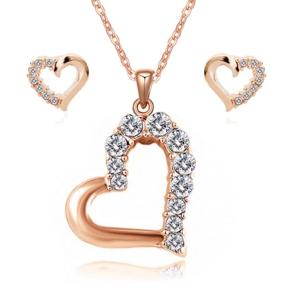 Crystalline Azuria Women 18ct Gold Plated White Crystals Love Hearts Set Pendant Necklace Stud Earrings