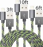 GOLDEN-NOOB3Pack 3 6 10FT Nylon Braided Popular Lightning Cable 8Pin to USB Charging Cable Cord with Aluminum Heads for iPhone 6/6s/6 Plus/6s Plus/5/5c/5s/SE,iPad iPod Nano iPod Touch(Gray+Green)