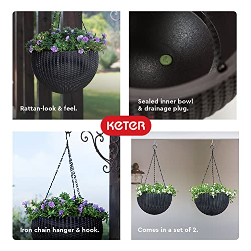 Keter Resin Rattan Set of 2 Round Hanging Planter Baskets for Indoor