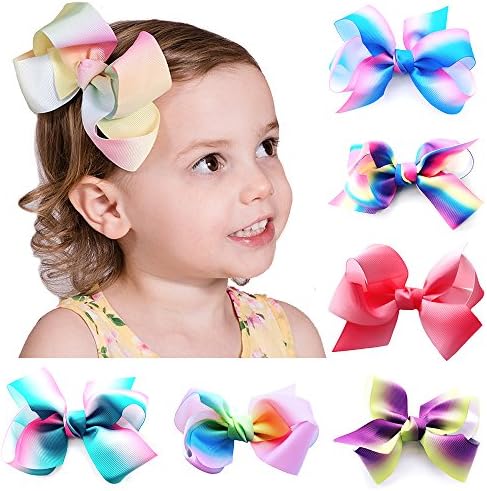 Elesa Miracle Baby Girl Hair Clips Toddlers Infants Kids Hair Rainbow Grosgrain Ribbon Bow Snap Clips Barrettes (6pc- Big Rainbow Clips)