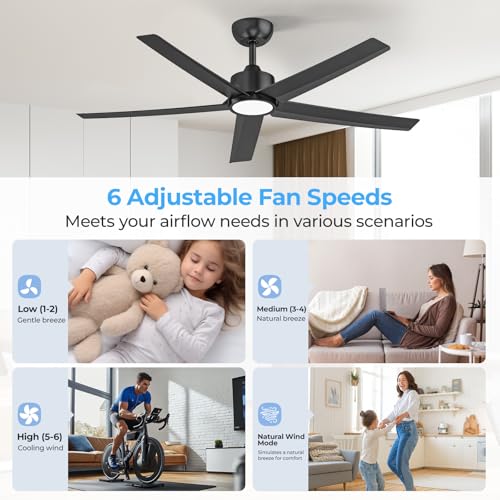 ocioc - Ventiladores de techo de 52 pulgadas con luces, paquete de 2 ventiladores de techo negro con luz y control remoto, 3CCT, motor de CC silencioso, ventilador de techo moderno de 5 aspas para