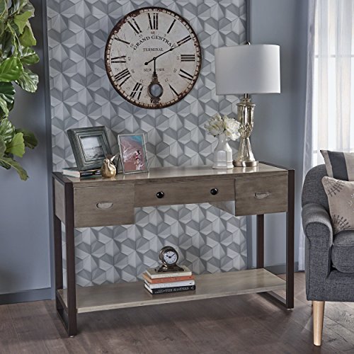 Lester Industrial Metallic Grey Acacia Wood Console Table with Rustic Metal Iron Accents