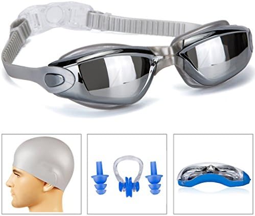 GAOYI Swimming Goggles + Swim Cap + Case + Nose Clip + Ear Plugs,Swim Goggles Anti Fog UV Protection for Adult Men Women Youth Kids Child by