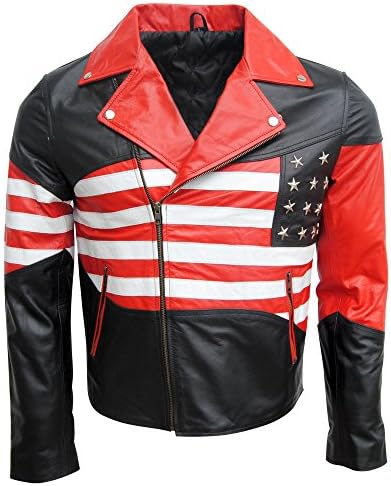 NorthernFinch Men's Fashion USA Flag Leather Jacket Sheep Black XX-Large