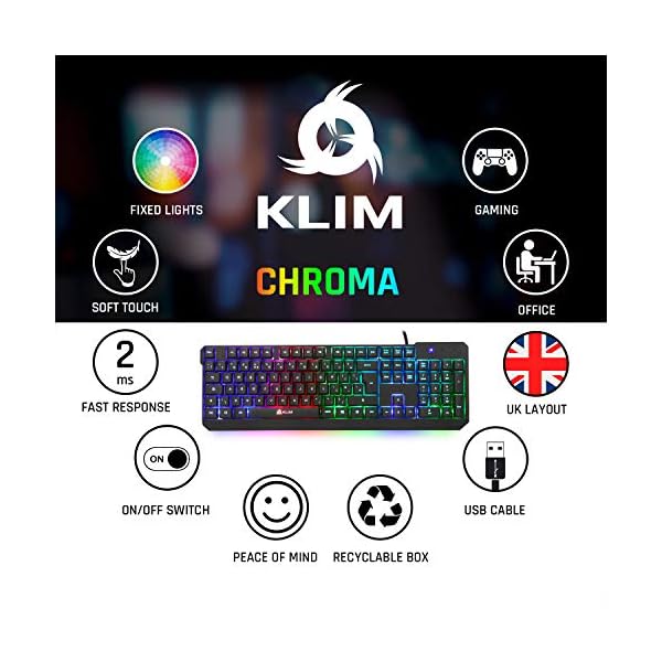 KLIM-Chroma-Gaming-Keyboard-UK-Layout-Slim-Durable-Ergonomic-Quiet-Waterproof-Silent-Keys-USB-Wired-Backlit-Keyboard-for-Laptop-PC-Mac-Gamer-PS4-keyboard-NEW-2021-VERSION-Black KLIM Chroma Gaming Keyboard Wired USB - NEW 2023 - Durable Ergonomic Waterproof Silent Keyboard - 2 ms Response Time…