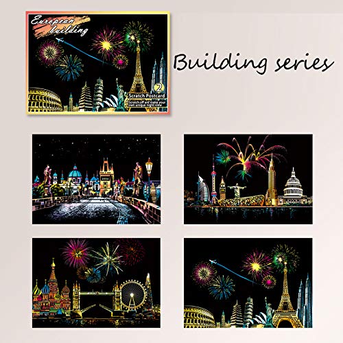 pobec Scratch Paper Rainbow Painting Sketch Pads DIY Art Craft Night View Scratchboard for Kids & Adults, Mini Envelope Postcard Art Set: 8 Sheets Scratch Art Cards with 3 Tools (Building Series)