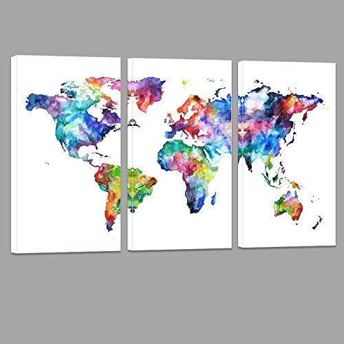 SimonfineUs Water color map Poster Printed on Canvas with Frame Ready Hanging On 3 Panel Canvas Art world Map Decal home Wall Decoration