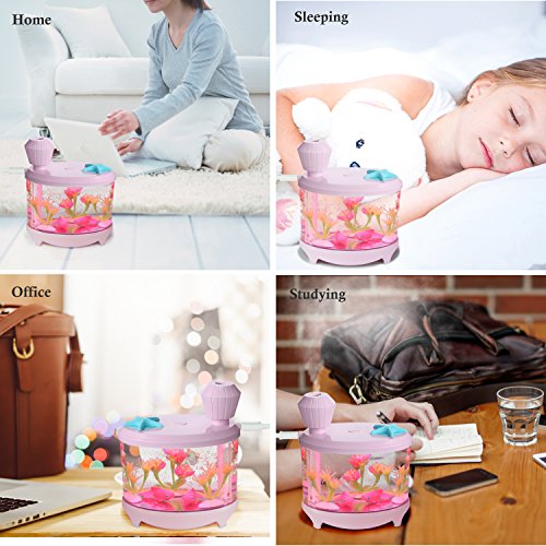Azmall Cool Air Humidifier Essential Oil Diffuser Air Purifier, 460ML Fish Tank Mist Humidifier with 7 Changing Colors LED Lights and Timer for Home,Office,Bedroom,Living Room - Pink