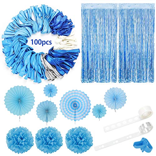 Blue Balloons Arch Garland Party Decorations Kit 114 Pack, Boy Baby Shower Balloons Set,Blue Sliver White Balloons + Foil Fringe Curtain + Paper Tissue Flower Pom Poms + Tissue Paper Fans for Birthday