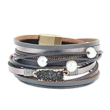 COOLLA Women Genuine Leather Vintage Volcanic Stone Wrap Bangle Bracelet Pearl Pendant Magnet Buckle (Grey)