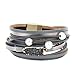 COOLLA Women Genuine Leather Vintage Volcanic Stone Wrap Bangle Bracelet Pearl Pendant Magnet Buckle (Grey)